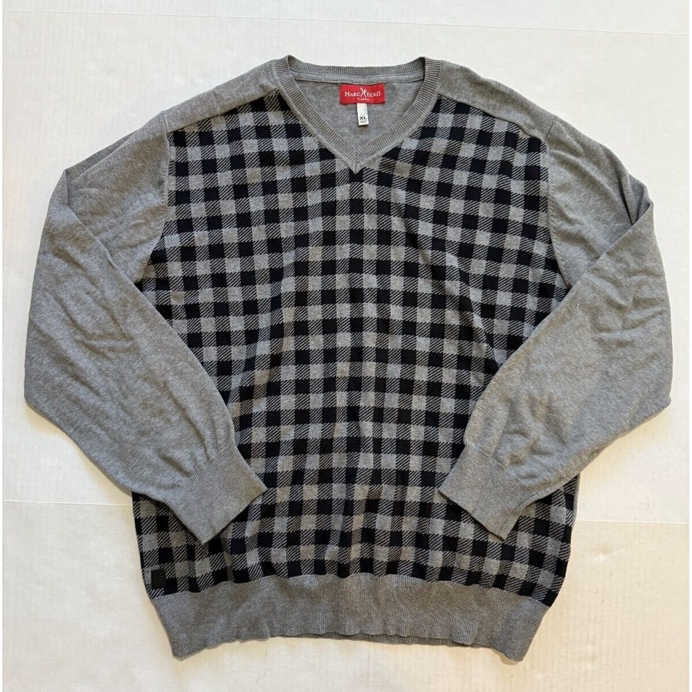 Marc Ecko Sweater Men's XL‎ Gray Black Plaid V-Neck Long Sleeve Classic Pullover
